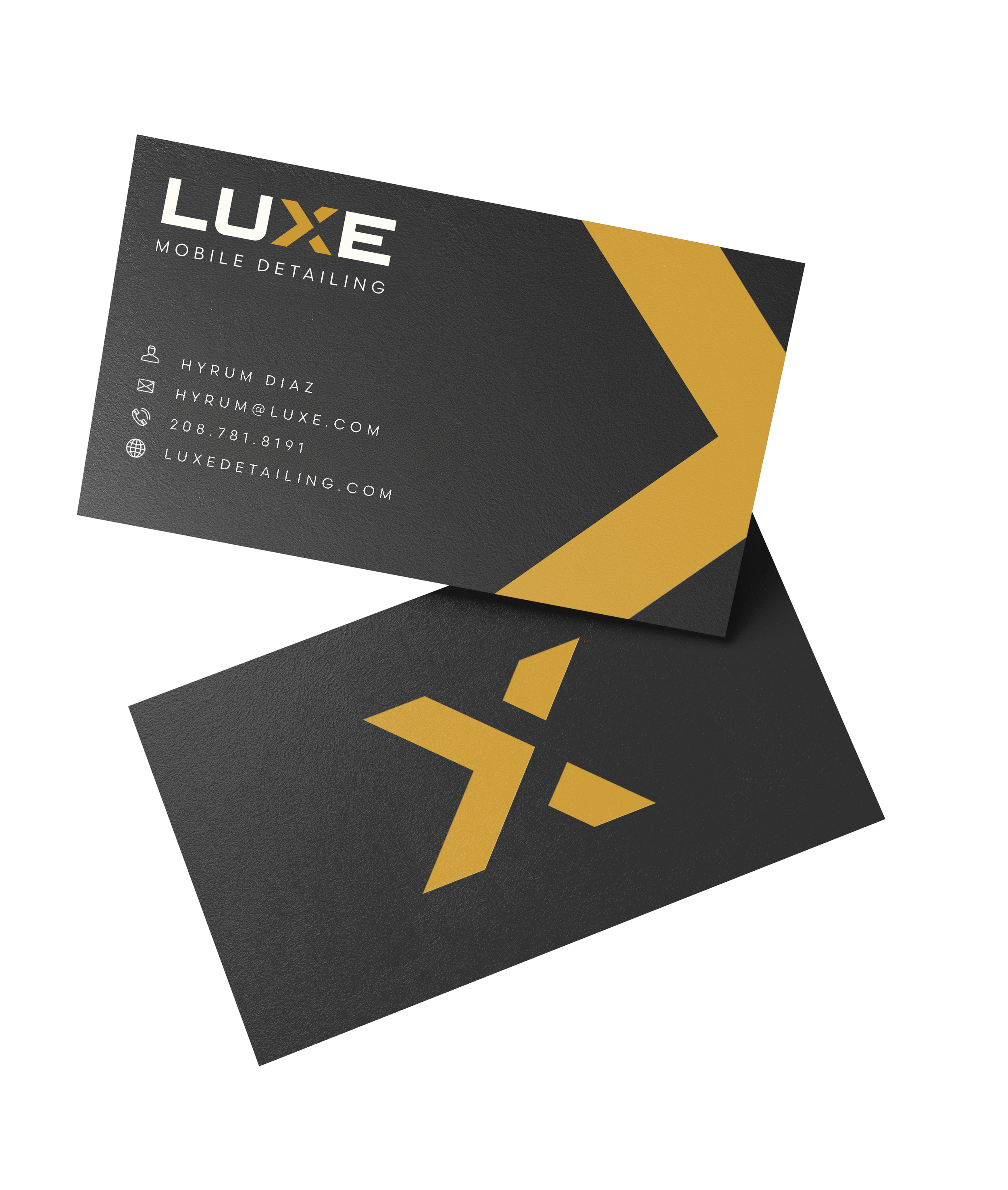 Business card for Luxe Mobile Detailing featuring black and gold design with contact information for Hyrum Diaz.