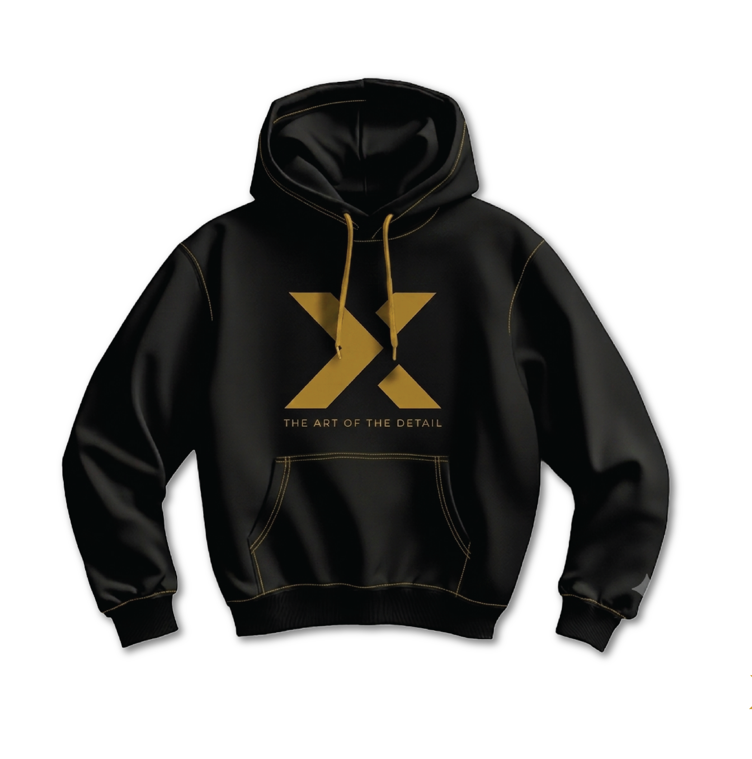 Black hoodie with yellow accents and text, featuring a large logo on the front. The hoodie has a drawstring hood and appears to be made of a smooth fabric.