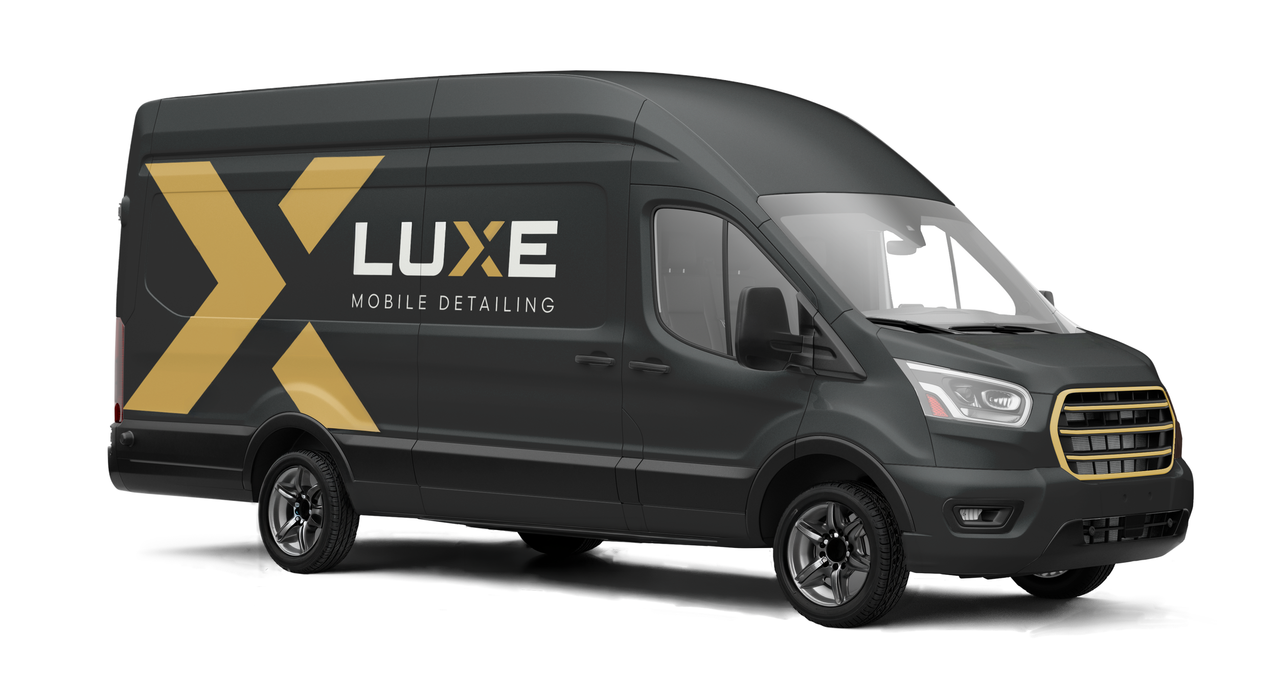 A black delivery van with gold and white branding for 'LUXE MOBILE DETAILING' on the side, featuring a stylized gold arrow design, parked in a neutral setting.