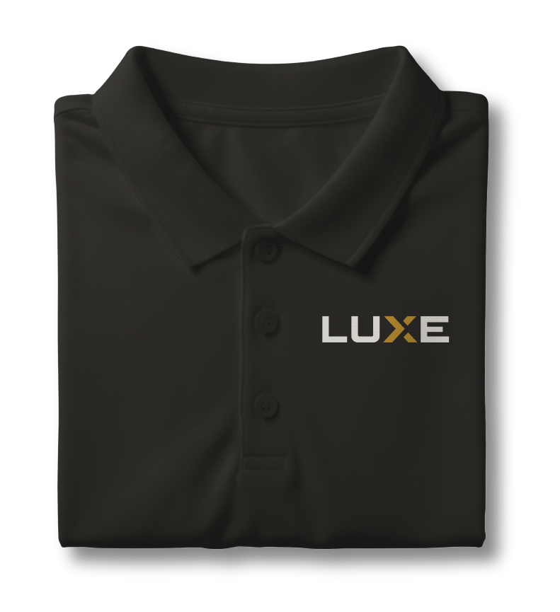 A black collared polo shirt with the logo 'LUXE' embroidered on the chest.