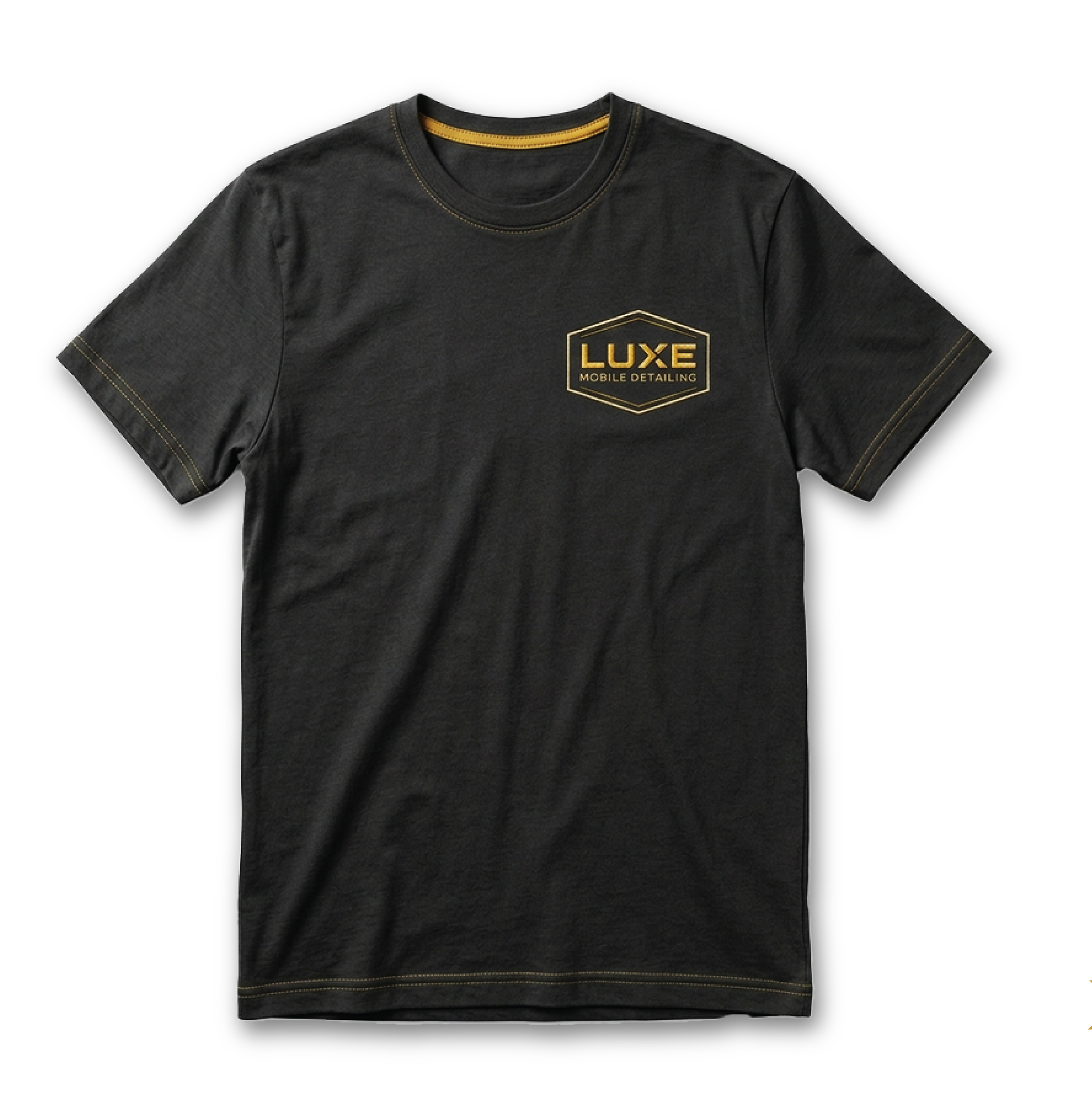 Black T-shirt with a gold logo reading "LUXE Mobile Detailing" on the front.