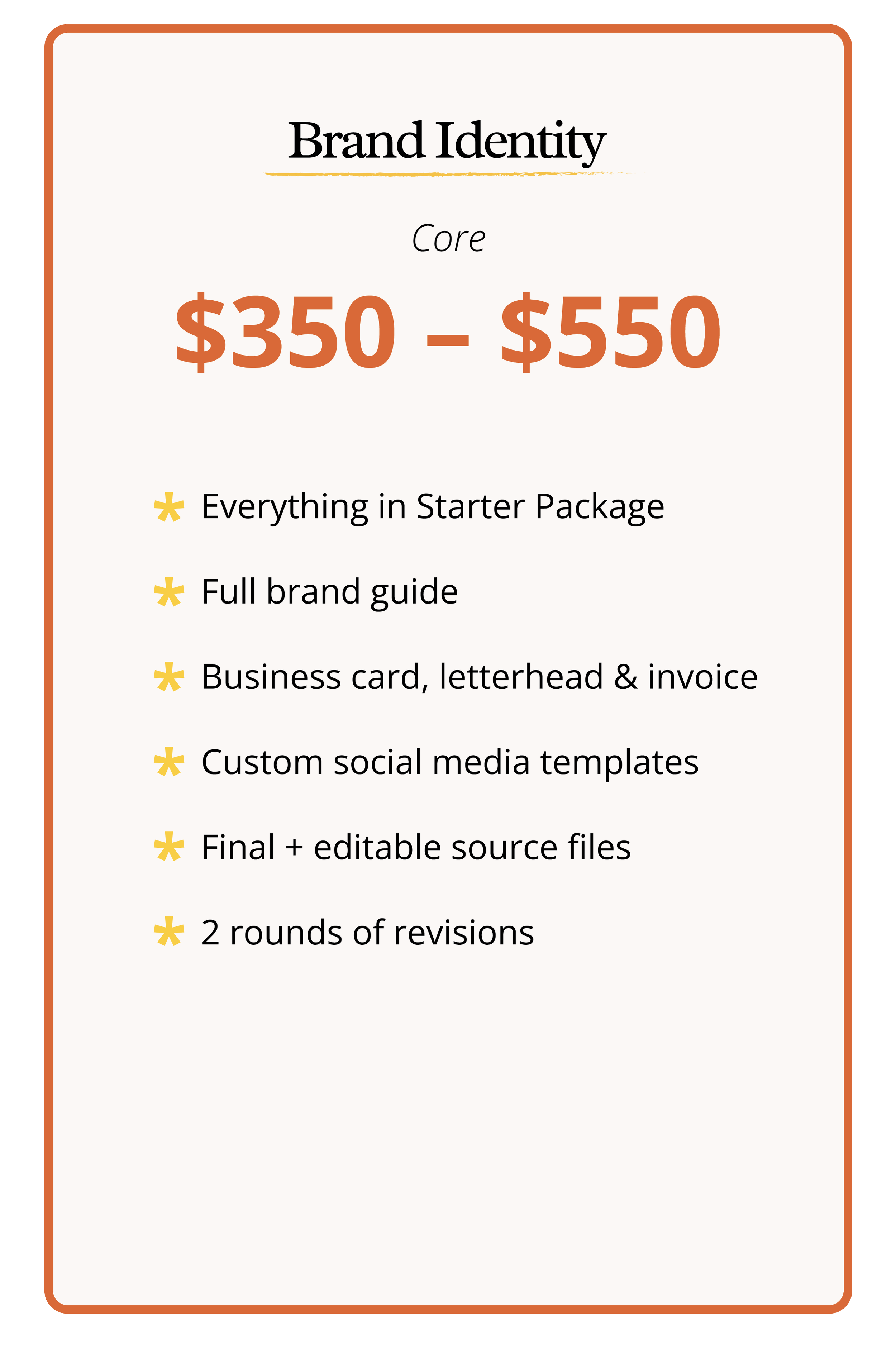 Pricing details for a branding package, including core services costing between $350 and $550, with options such as starter package, full brand guide, business card, letterhead, invoice, custom social media templates, final editable files, and two rounds of revisions.