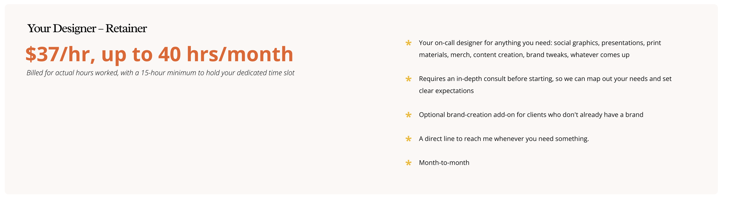 Screen displaying a proposal for a designer retainer service with the price of $37 per hour, up to 40 hours per month, and features listed on the right side.