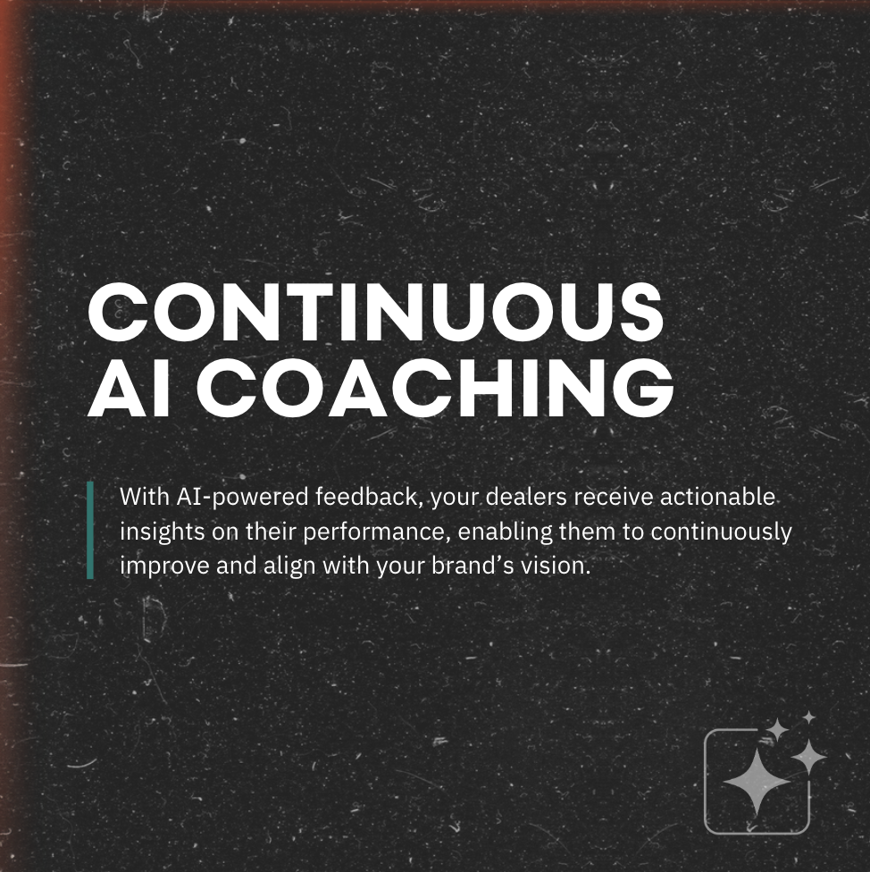 A presentation slide about continuous AI coaching, mentioning AI-powered feedback for dealers to improve their performance and align with brand vision, with a dark textured background and white text.