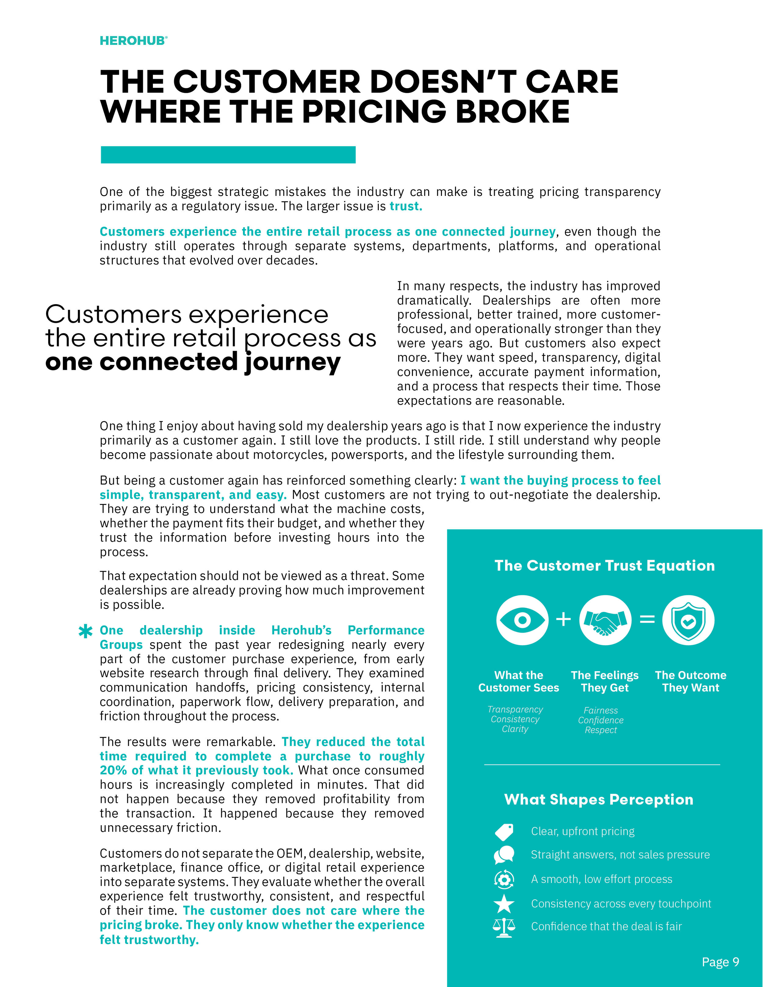 Page from a report or article discussing customer experience and trust in retail. Contains headings, paragraphs, and a section about the customer trust equation with icons. The page number is 9.
