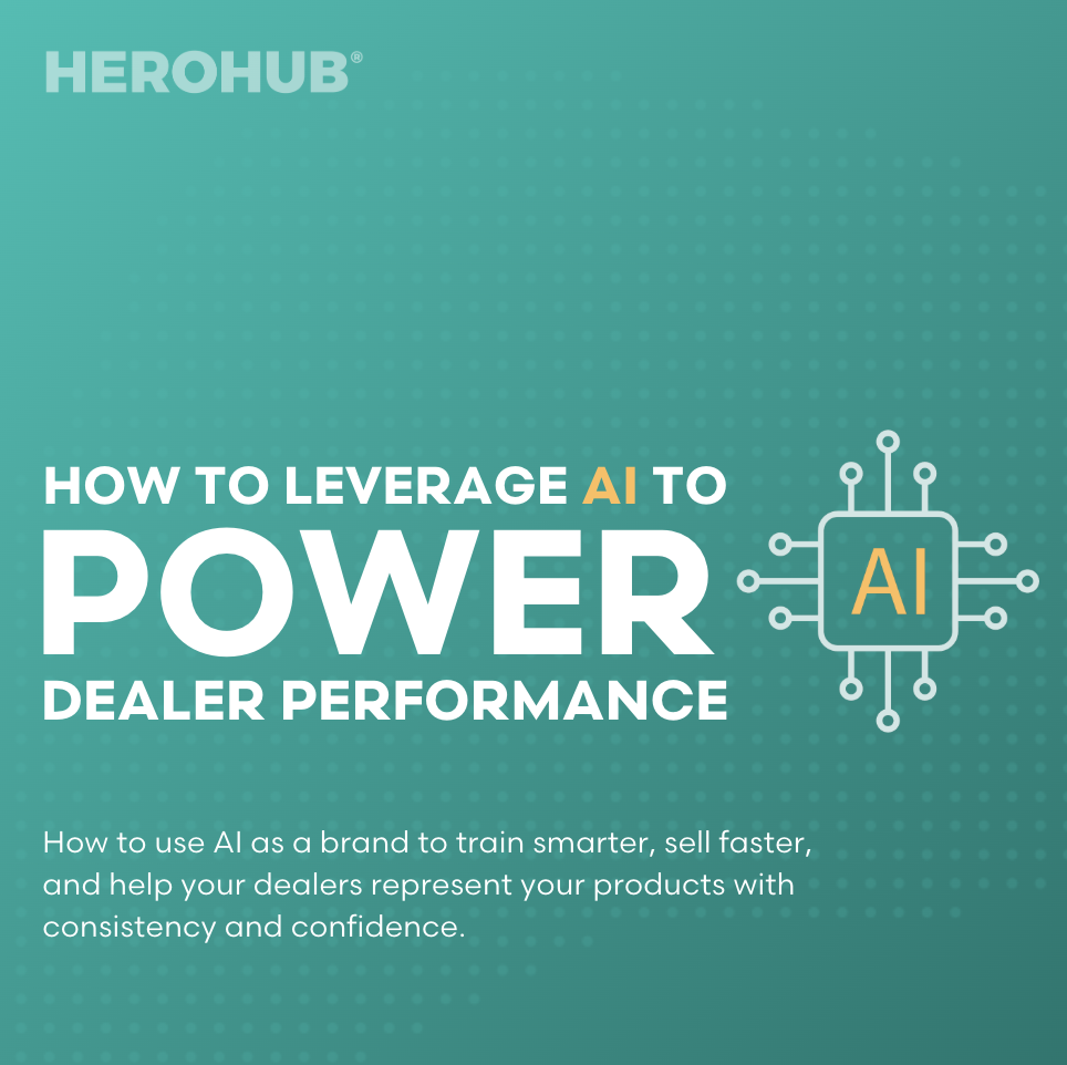 Cover page of a guide titled "How to Leverage AI to Power Dealer Performance" with a Herohub logo, teal background, and an illustration of an AI chip.
