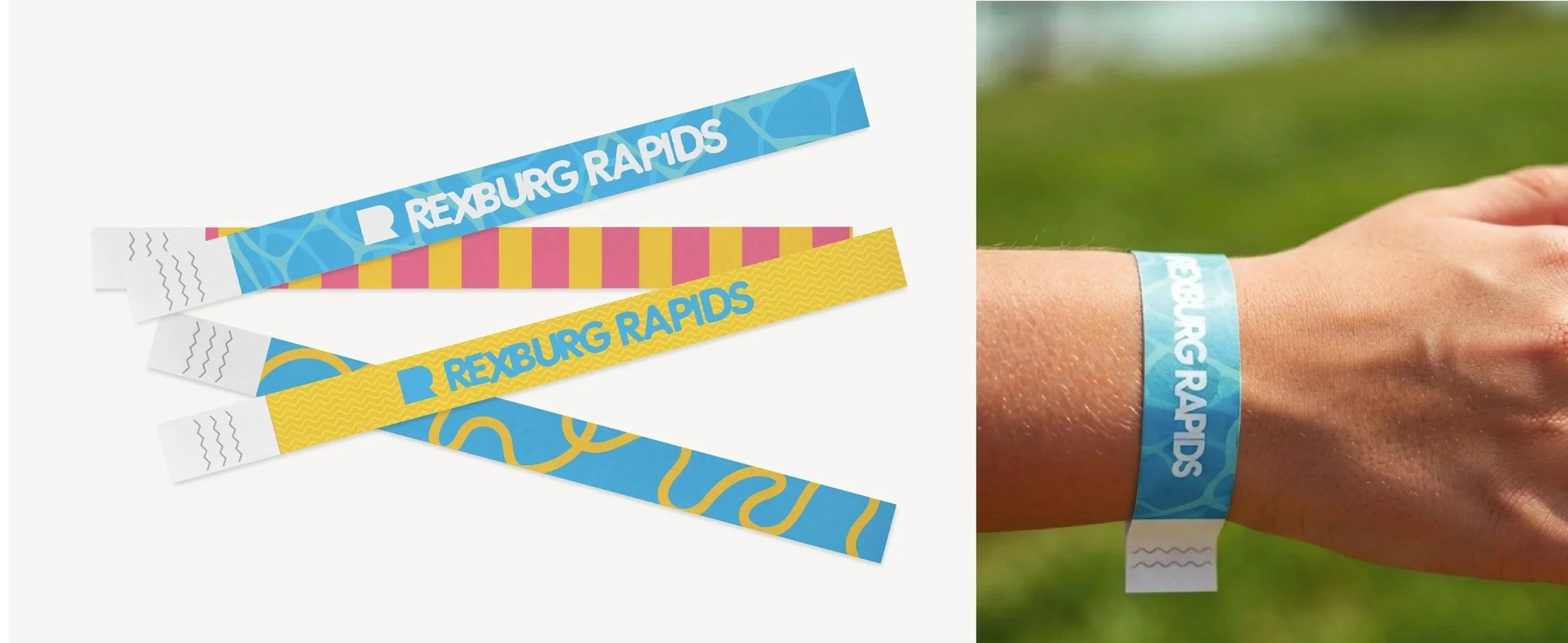 Colorful wristbands with 'Rexburg Rapids' printed on them, displayed both on a flat surface and worn on a person's wrist outside.