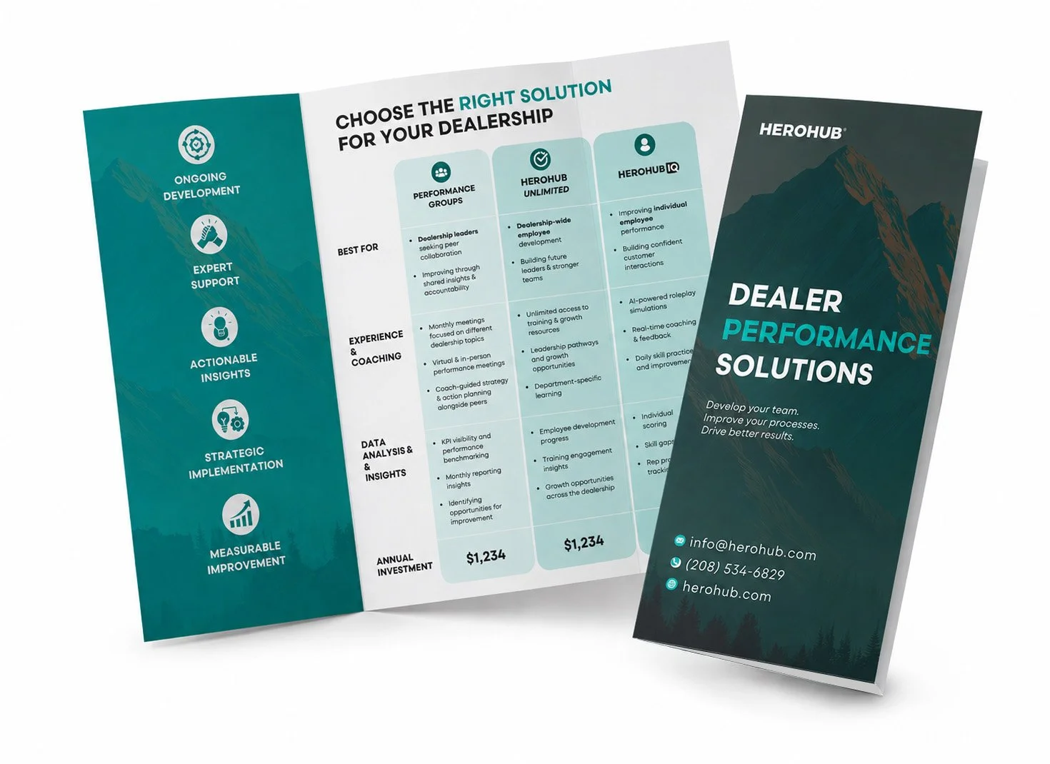 Brochure and flyer from HeroHub promoting dealer performance solutions with mountain background. Brochure details various package options: Performance Groups, HeroHub Unlimited, and HeroHub IQ, highlighting features, benefits, and investment costs.