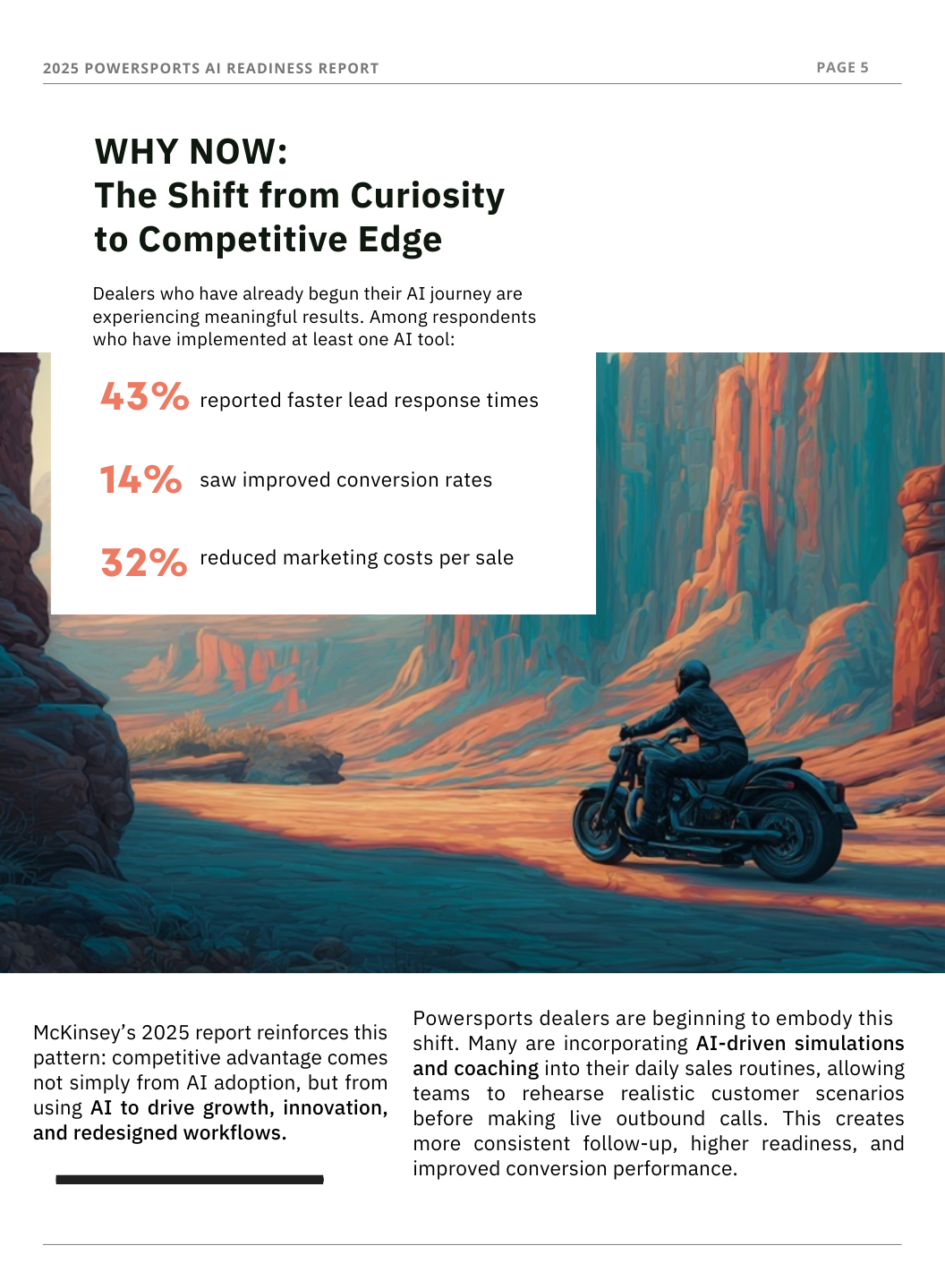 Page from a report featuring a digital illustration of a person riding a motorcycle through a canyon landscape. The report discusses AI-driven customer coaching and sales strategy.