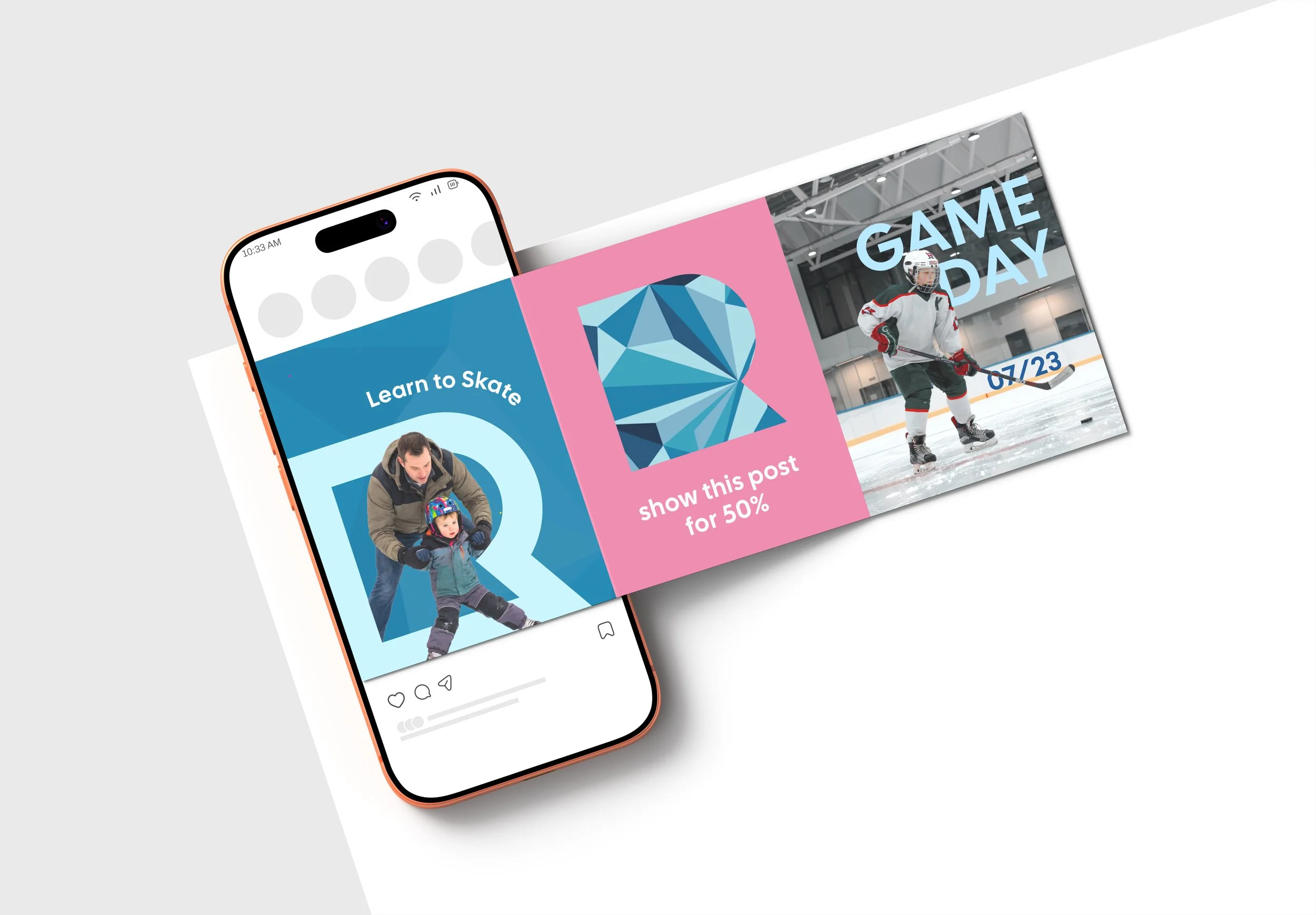 A smartphone showing an app with a photo of a man and a child in helmets learning to skate, and part of an ice rink with a player, with text promoting game day and skate lessons.