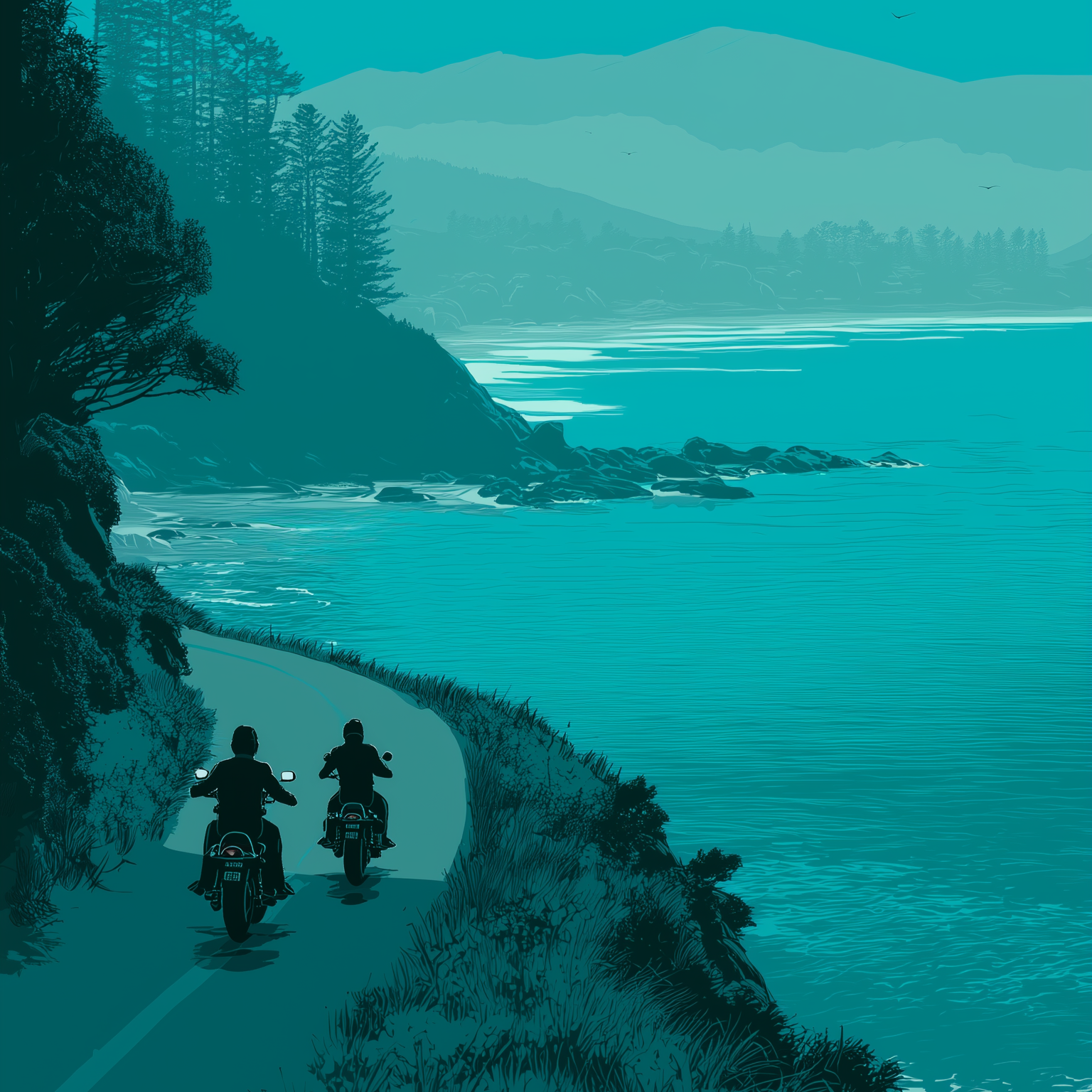 Two people riding motorcycles along a coastal road with trees on the side and water on the other, mountains in the background, and birds flying in the sky.