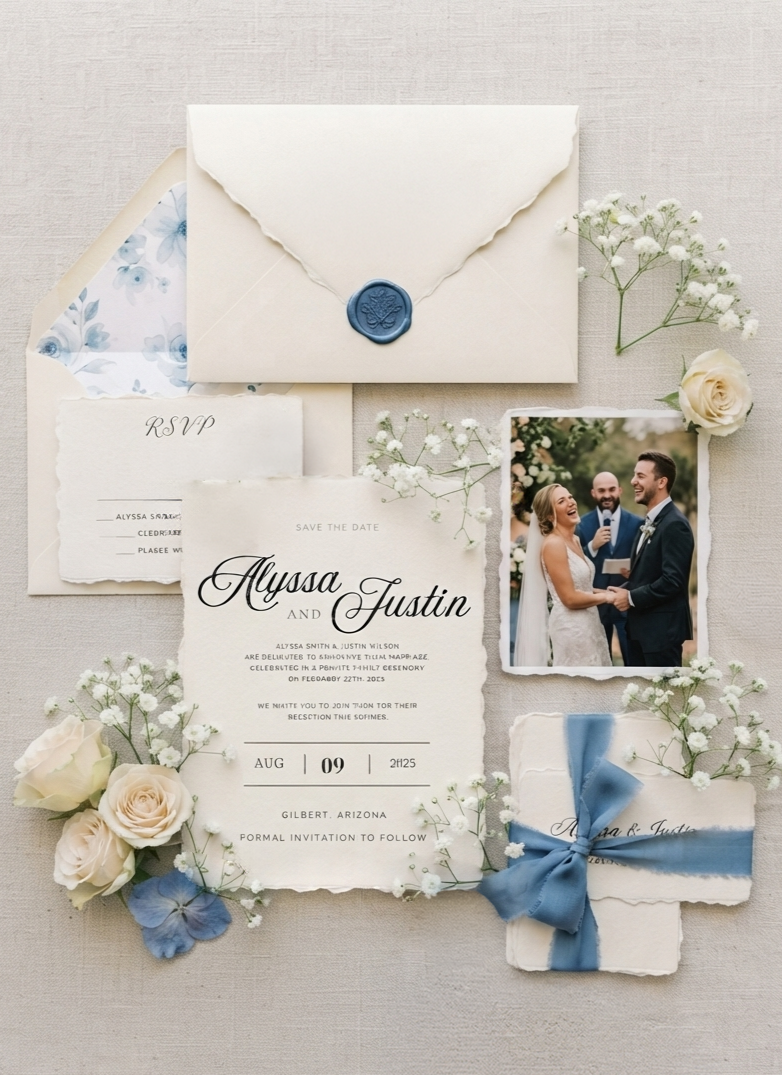 Wedding invitation suite with a photo of the bride and groom, surrounded by flowers and an RSVP card, all placed on a neutral fabric background.