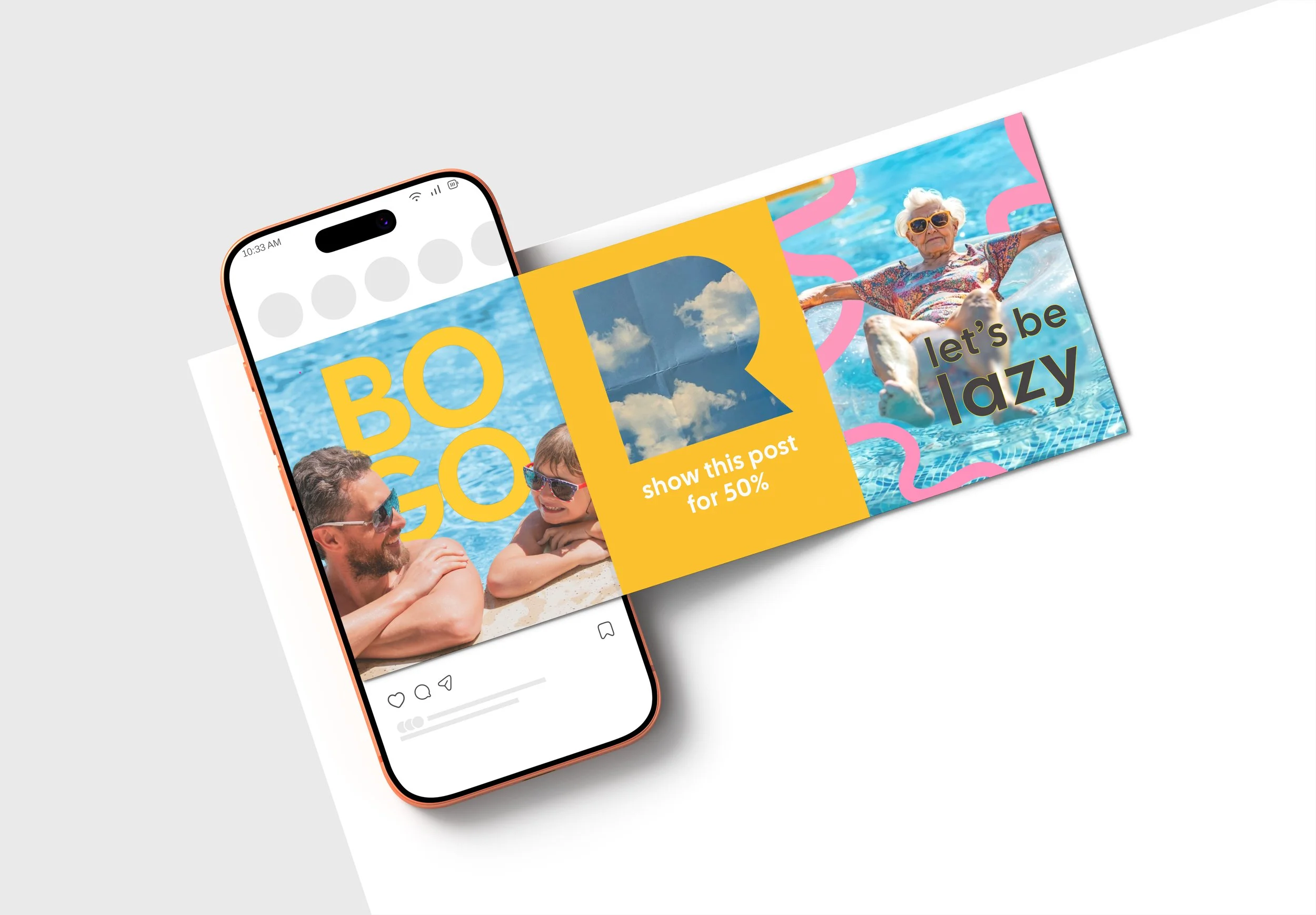 Smartphone displaying a social media post with a woman in sunglasses floating in a swimming pool and a yellow overlay with text, partially visible, promoting a 50% discount.