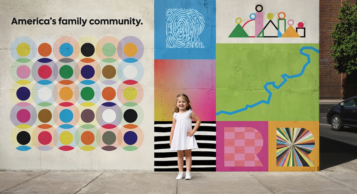 A young girl in a white dress standing in front of a colorful mural on a city wall, which includes abstract shapes, a fingerprint, a line graph, and the phrase 'America's family community'.