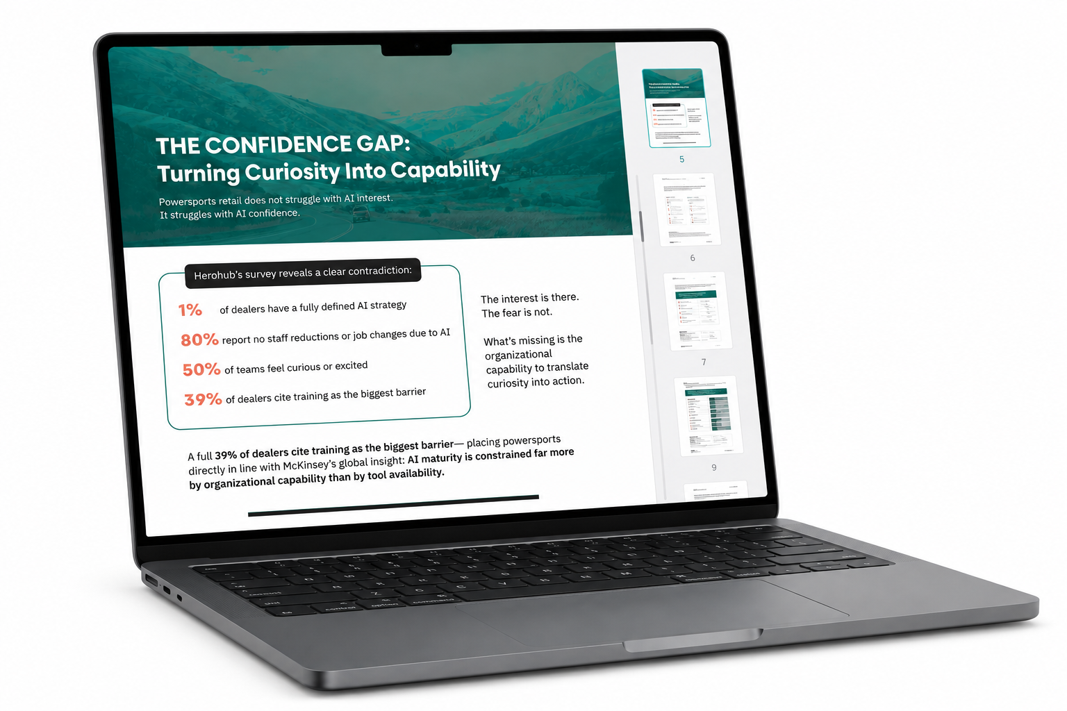 Laptop displaying a presentation slide titled "The Confidence Gap: Turning Curiosity Into Capability" with statistics about AI strategies among dealers, including 1%, 80%, 50%, and 39%, and accompanying text.