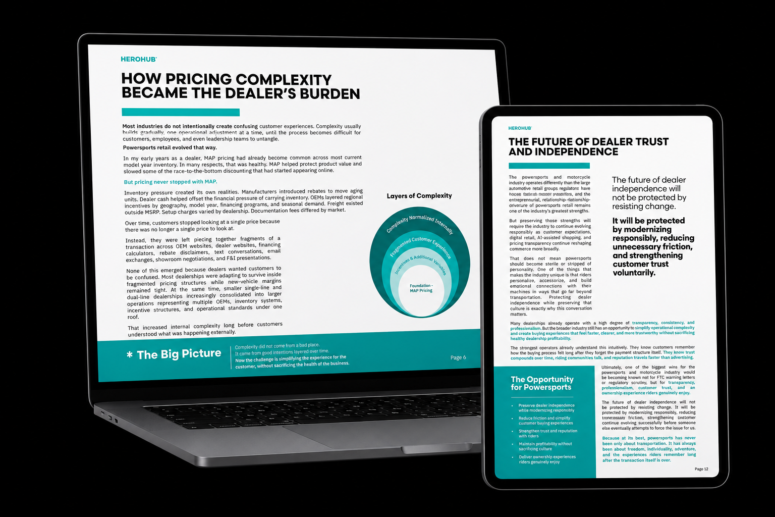 Open laptop and tablet displaying reports titled 'How Pricing Complexity Became the Dealer's Burden' and 'The Future of Dealer Trust and Independence,' with charts and text on a black background.