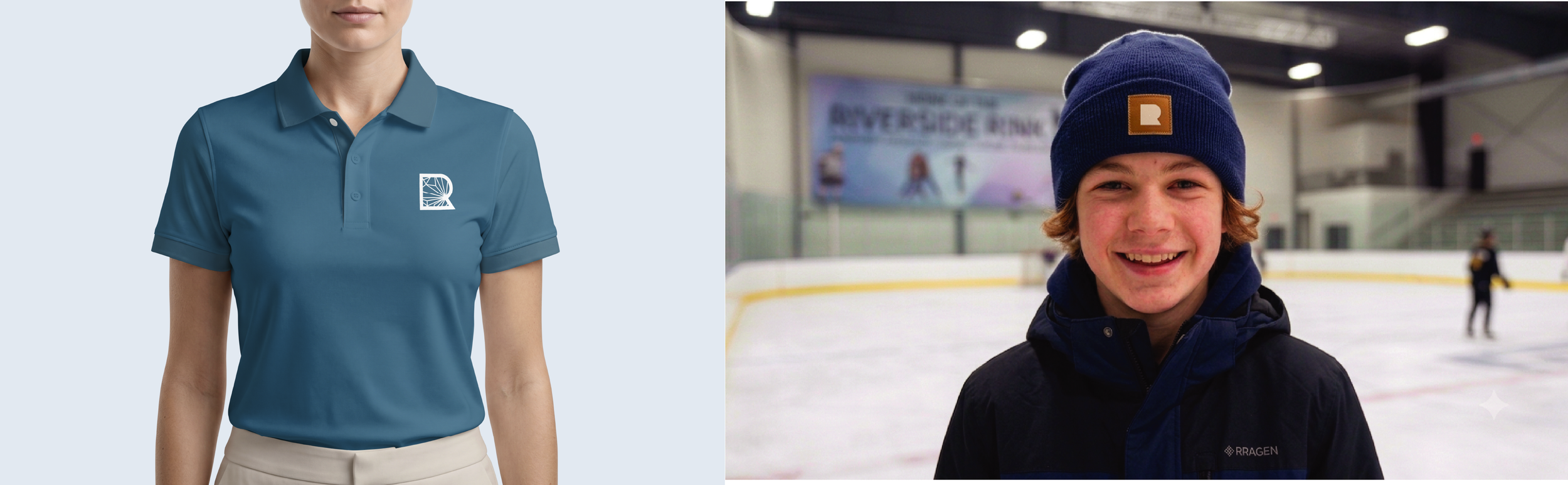 Side-by-side images of a woman wearing a blue polo shirt with a logo on the chest and a young male ice skater with a beanie hat, smiling at the camera at an indoor ice rink.