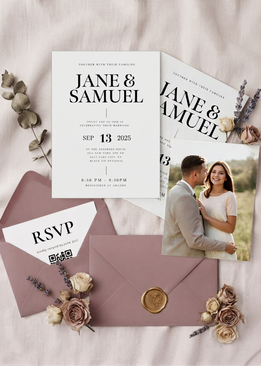 A wedding invitation set including a main invitation card, an RSVP card, and matching envelopes, with floral decorations and a wedding photo of a couple, all on a light fabric background.