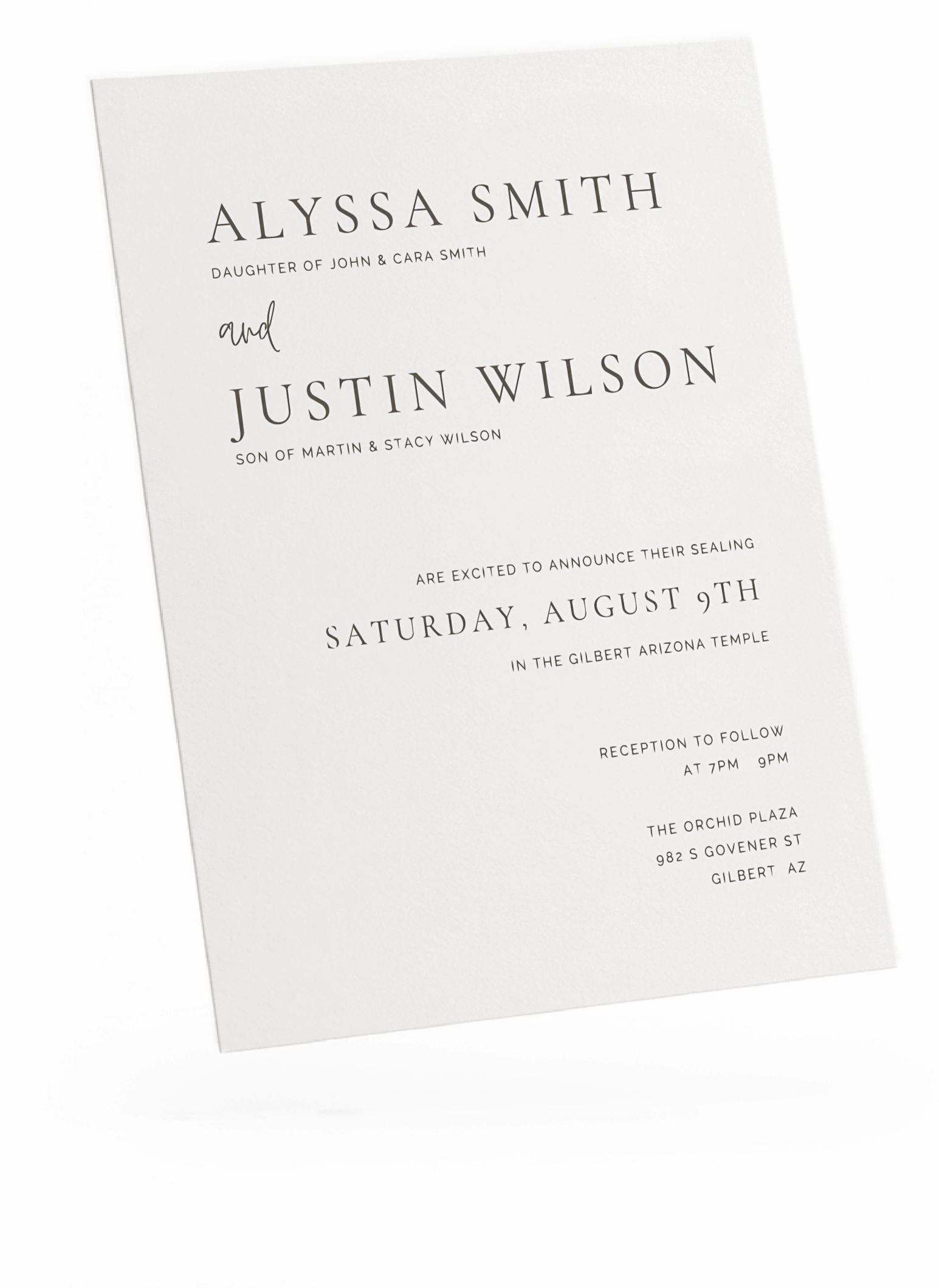 Wedding invitation for Alyssa Smith and Justin Wilson, scheduled for Saturday, August 9th, at The Gilbert Arizona Temple and The Orchid Plaza in Gilbert, AZ.
