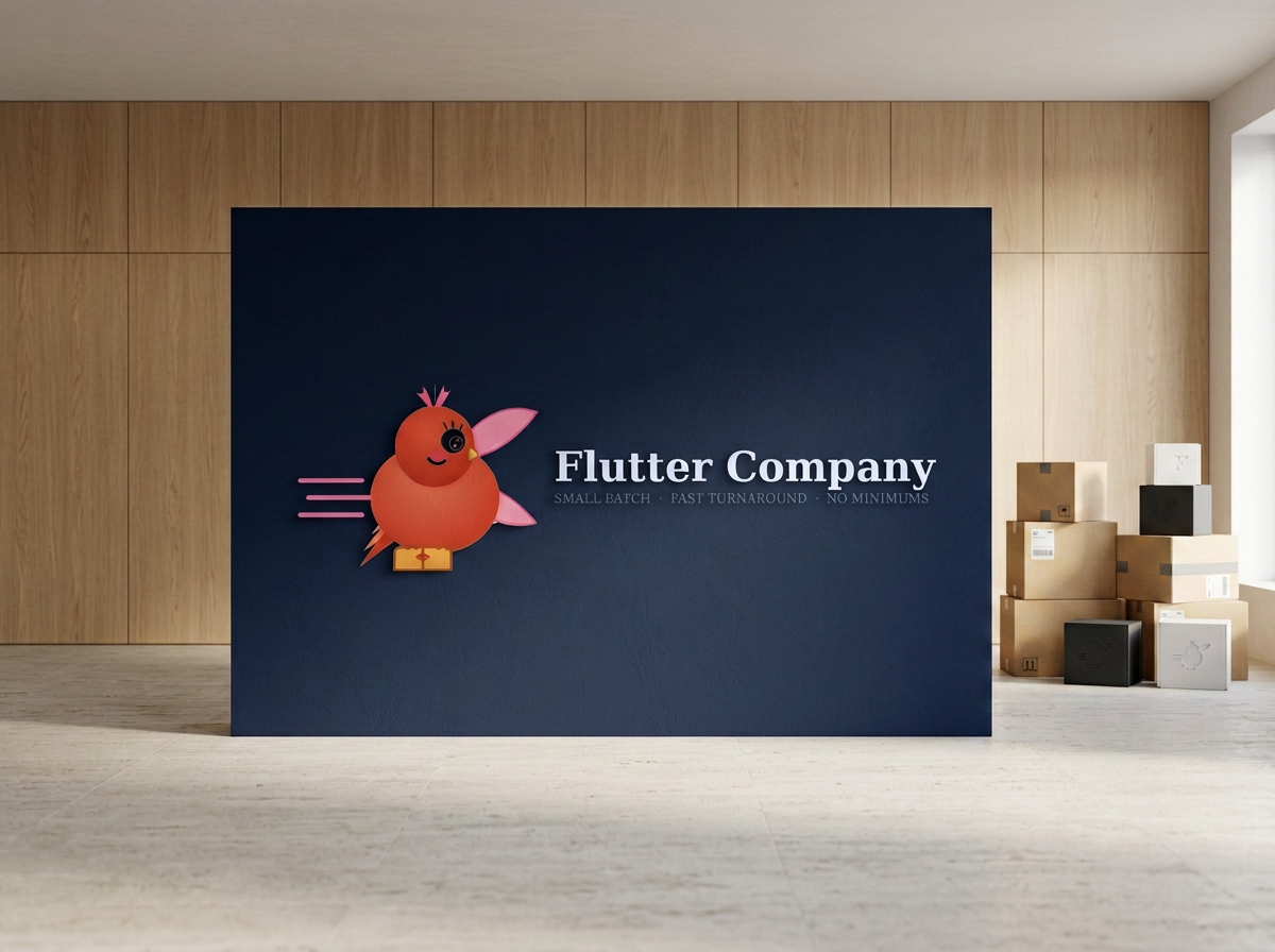 Display wall with brand logo for 'Flutter Company' featuring cartoon bird with pink wings, sitting on a yellow block, with text about small batch production, past turnaround, and no minimums, in a room with wooden wall and boxed packages.