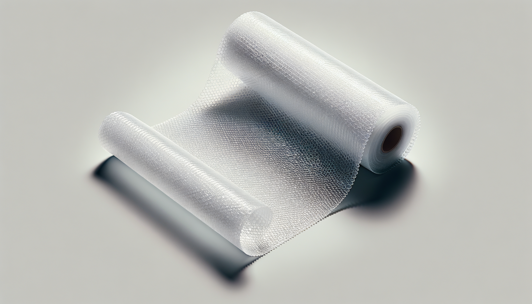 A roll of bubble wrap unspooling on a white surface with a shadow underneath.