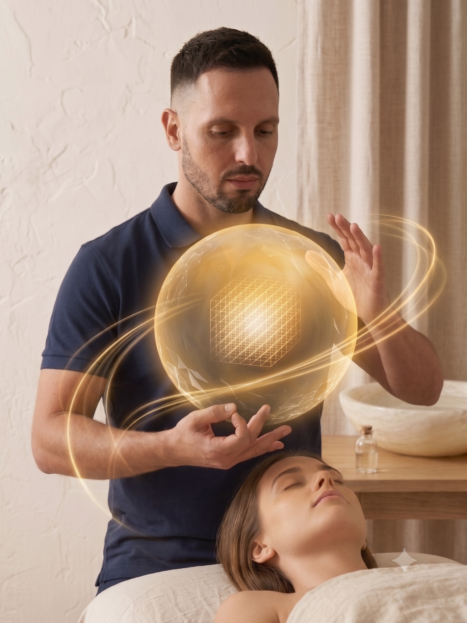 A man in a dark blue shirt is holding a glowing, holographic sphere with grid and cube patterns in front of a woman relaxing with her eyes closed, lying on a bed
