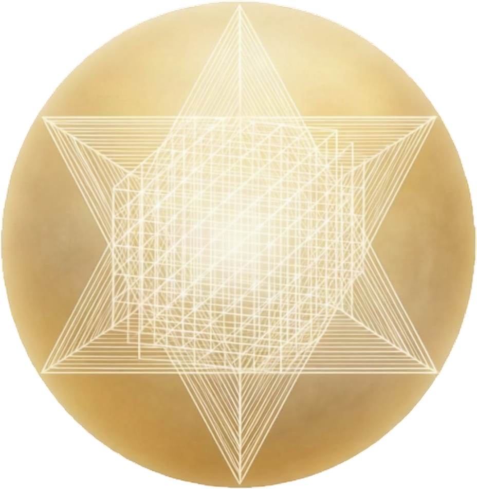 A gold circular background featuring a white geometric 3D star with interconnected lines and a cube at the center.