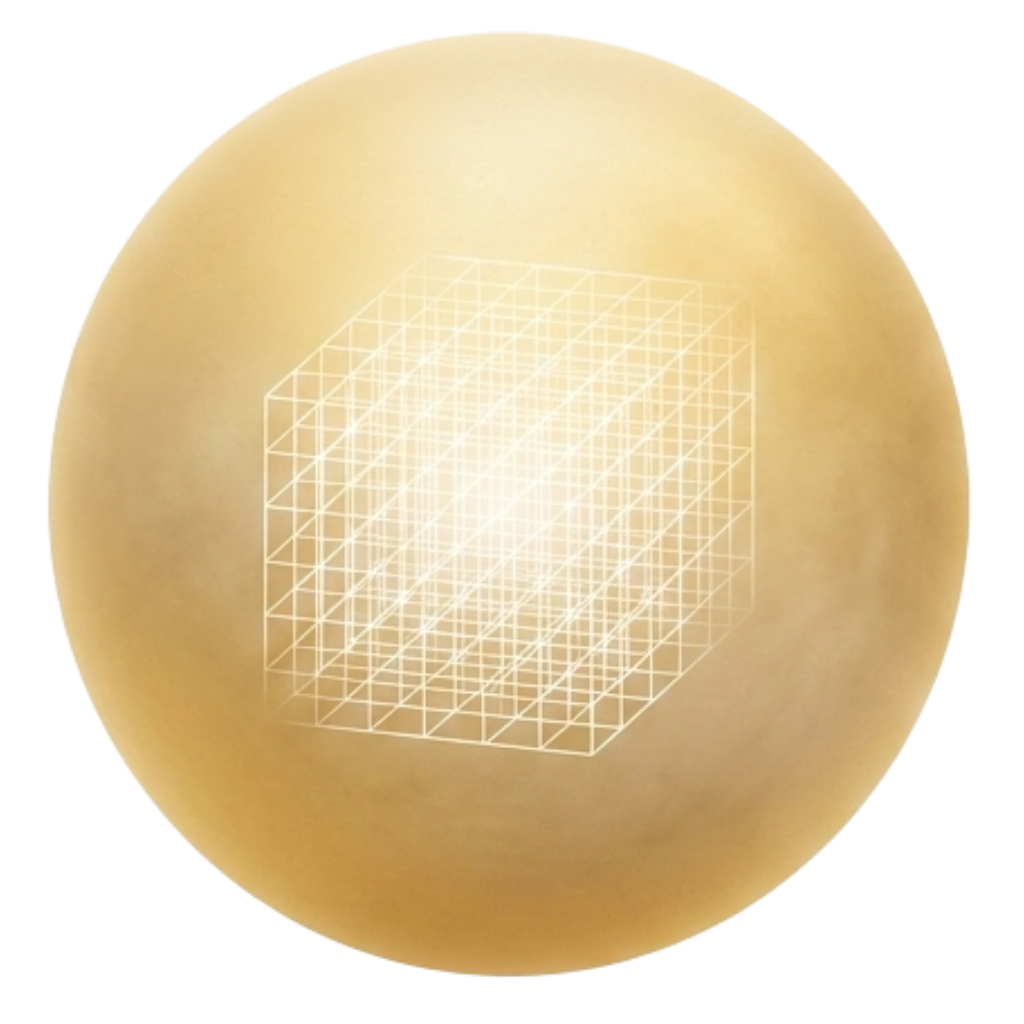 A glowing sphere with a faint yellow hue, featuring a transparent 3D wireframe cube overlay in the center.