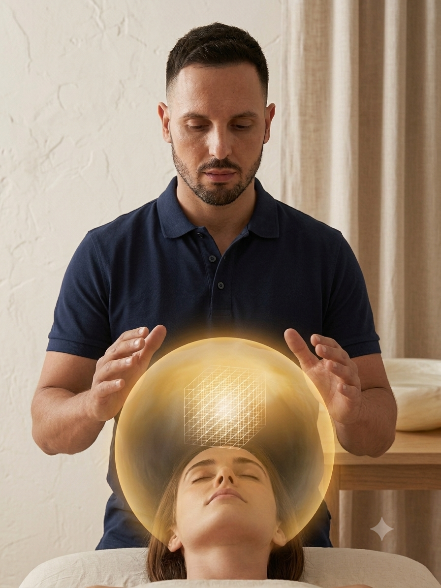 A man appears to be performing a healing or energy-healing session on a woman lying down with eyes closed. There is a glowing golden sphere with a glowing cube inside floating above her forehead, representing a virtual or holographic energy projection.
