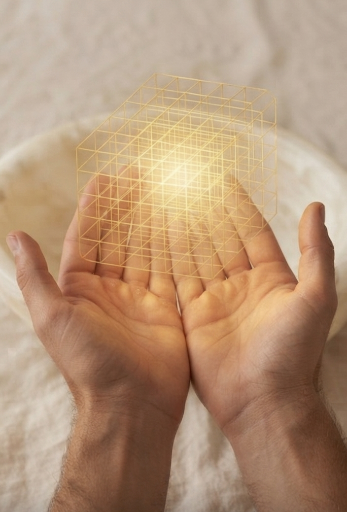 A person holding cupped hands with a holographic 3D digital cube above them, glowing with a warm light.