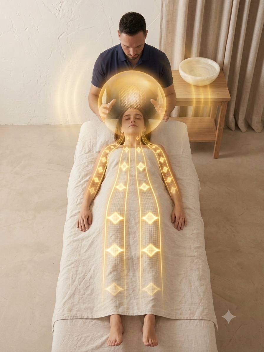 A woman lying on a massage table with glowing, digital-looking lines and patterns overlaying her body, suggesting energy or healing, while a man in a dark shirt appears to be performing a healing or energy work session.