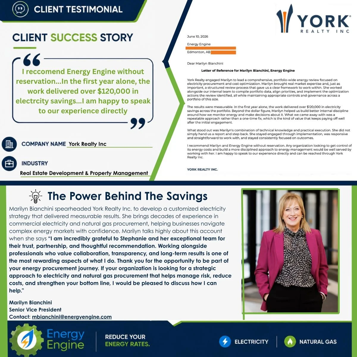 Client testimonial and success story for York Realty Inc, highlighting energy savings and client feedback, with a photo of Marilyn Bianchini, Senior Vice President, in professional attire, smiling outdoors.