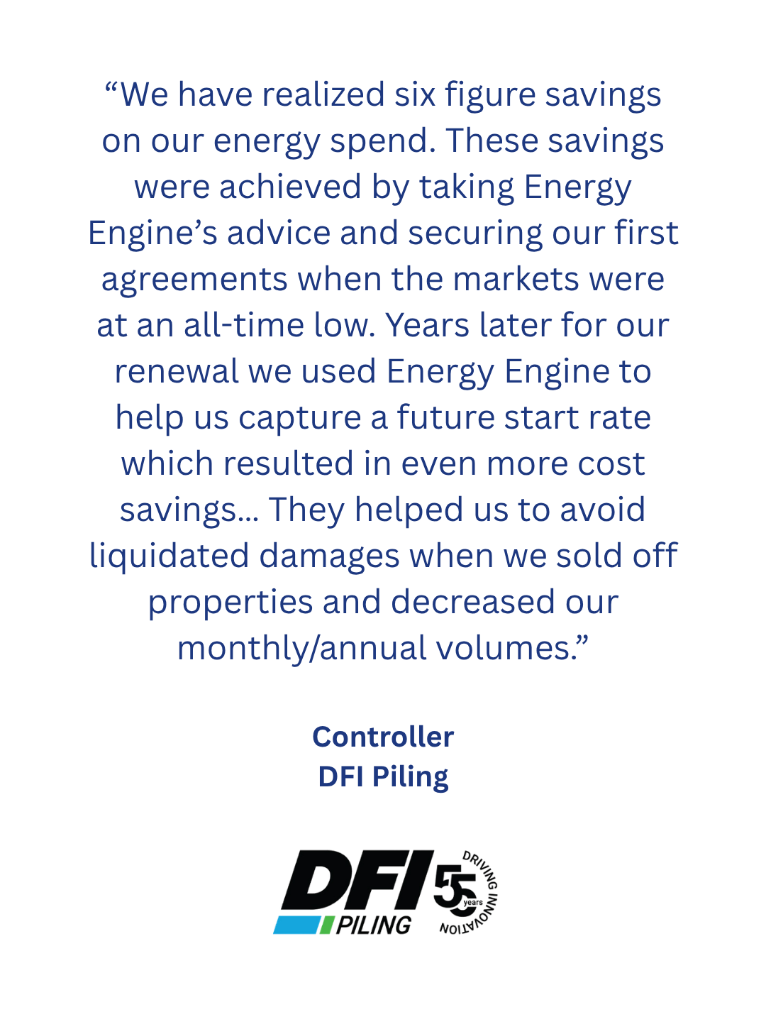 Quote about energy savings achieved through Fuel Management System, attributed to Controller DFI Piling, with a partially obscured logo at the bottom.