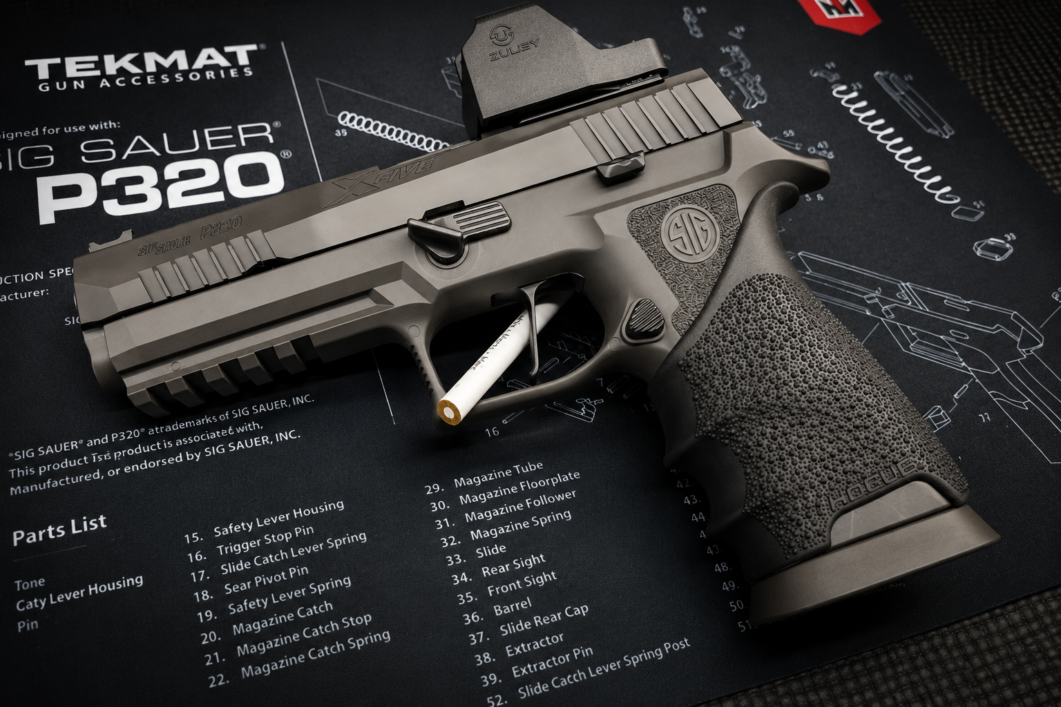 SIG Sauer P320 X-Five pistol with ZULU6 red dot sight on a gun parts diagram mat