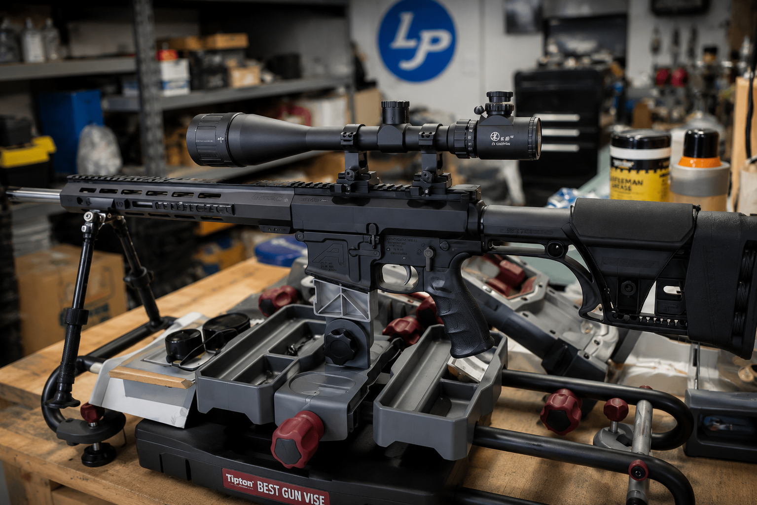 AR-style precision rifle with mounted scope secured in a Tipton Best Gun Vise on a workshop bench