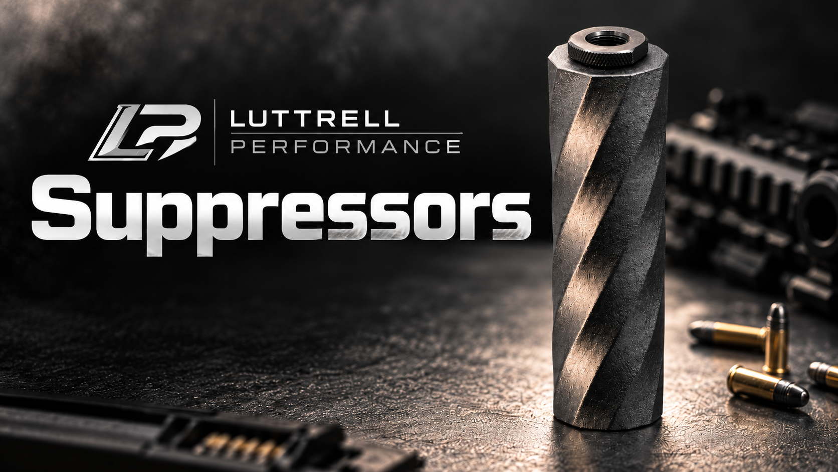 Luttrell Performance suppressor beside scattered ammunition and a blurred firearm