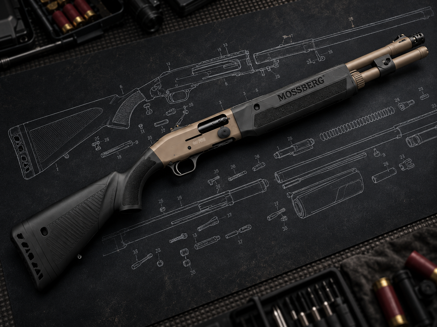 Mossberg 940 Pro shotgun on a firearm technical blueprint with shotgun shells and tools