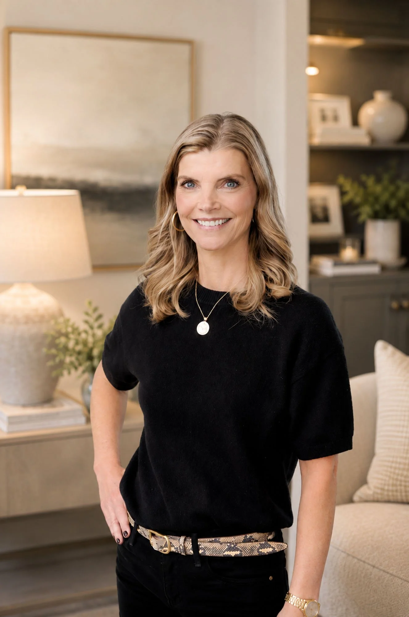 A woman with blonde wavy hair, wearing a black top, gold jewelry, and a patterned belt, standing in a living room with a lamp, framed art, and decorative objects in the background.
