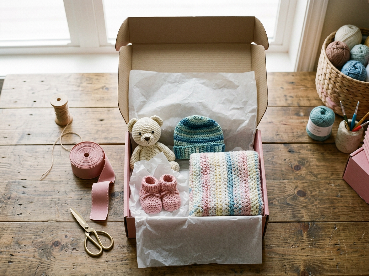 Unopened pink box containing crocheted baby items including a teddy bear, a striped hat, booties, and a blanket, surrounded by yarn, scissors, and crafting supplies on a wooden table.