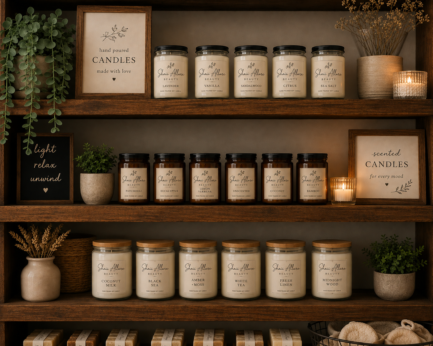 Shelf with candles, framed quotes, potted plants, and decorative items in neutral colors and warm wood tones.
