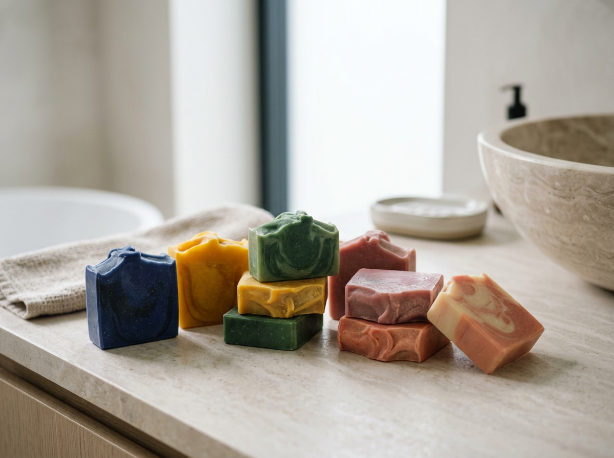 Colorful handmade soap bars in blue, yellow, green, pink, and beige arranged on a light-colored countertop in a bathroom setting.
