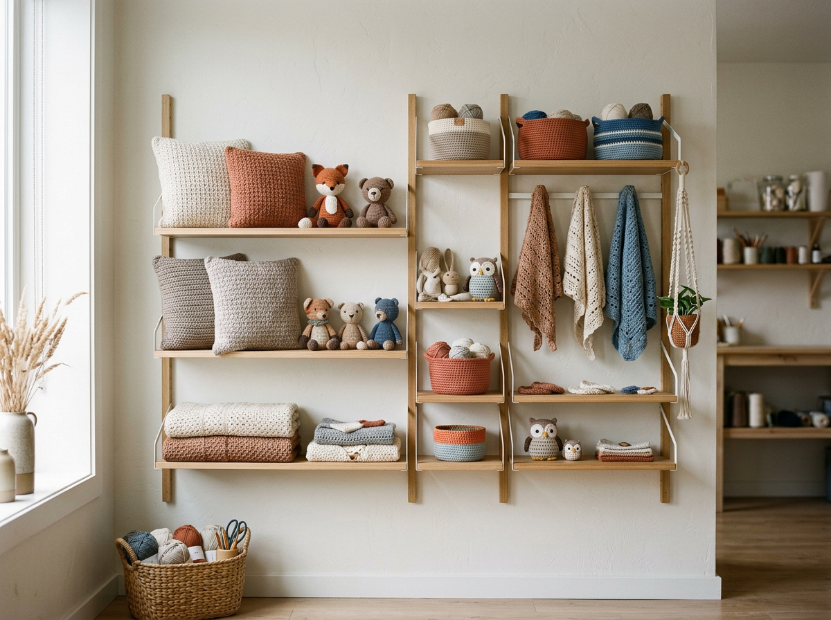Wooden shelves holding knitted pillows, plush toys, and yarns, with hanging towels and a macramé plant holder in a cozy, well-organized craft room.