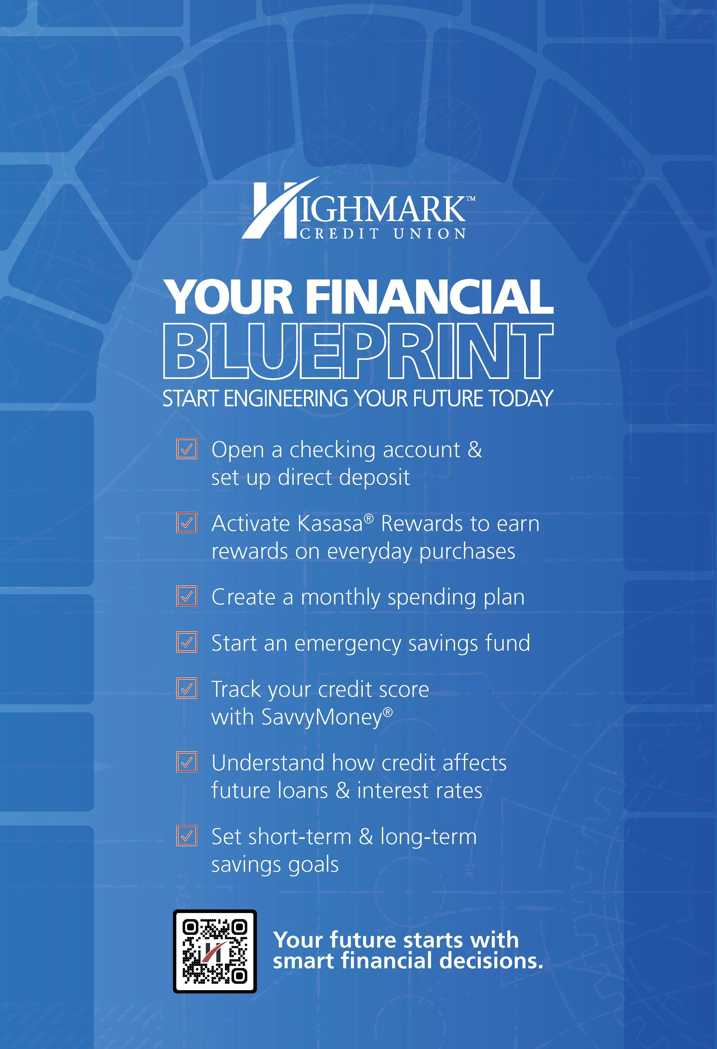 Blue background with the Highmark Credit Union logo and a list of financial wellness tips. Tips include opening a checking account, activating rewards, creating a spending plan, starting an emergency fund, tracking credit score, and understanding how credit affects loans. There is a QR code at the bottom.