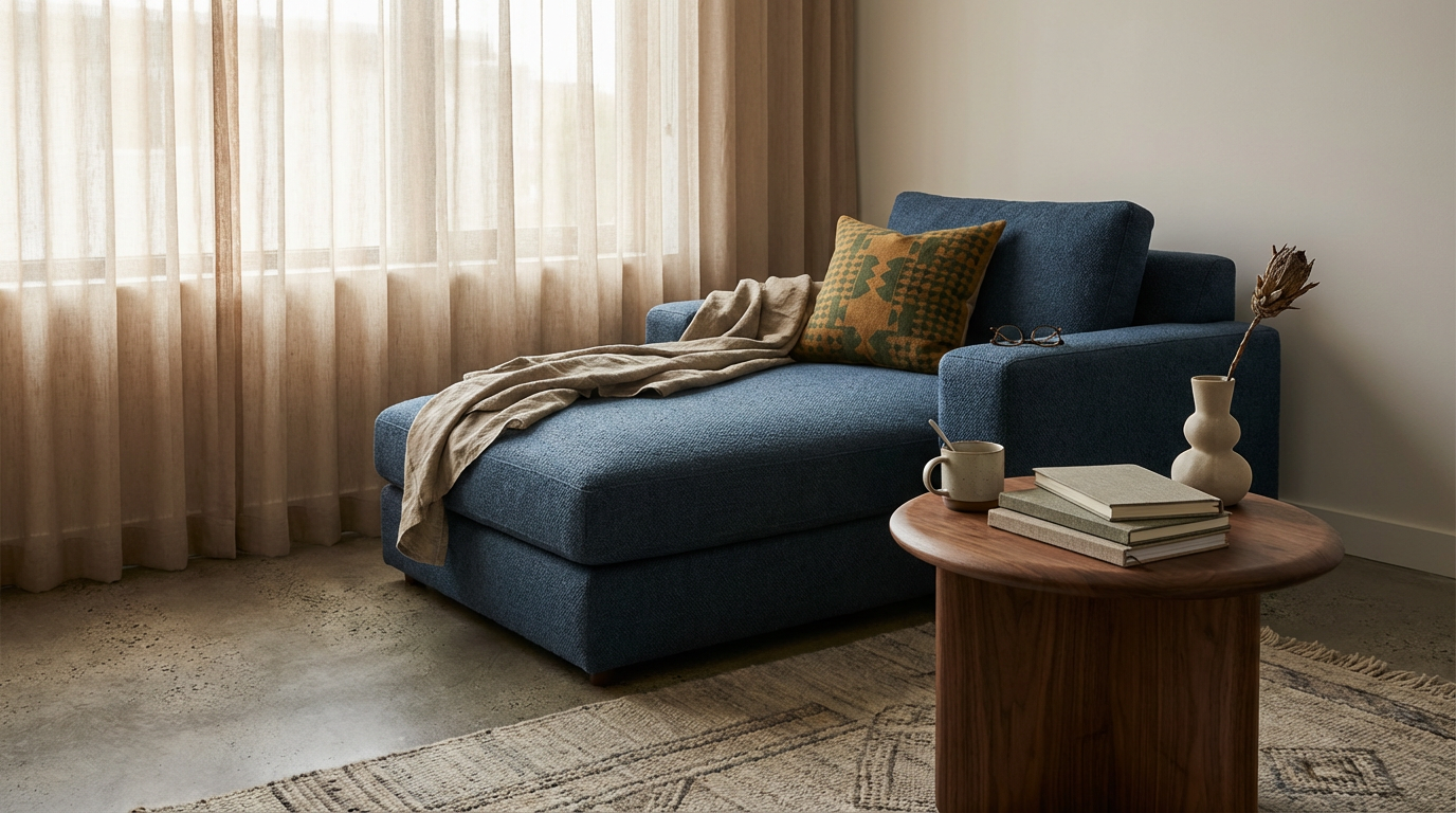 A blue sectional sofa with a beige blanket and a patterned pillow in a living room with sheer curtains and a wooden side table holding books, a mug, and a decorative vase with dried flowers.