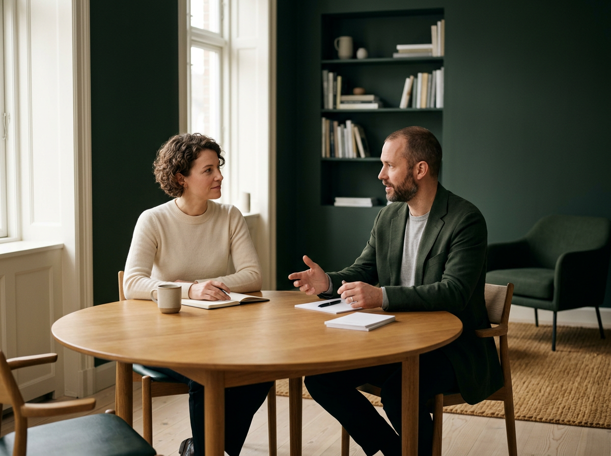 A woman and man having a conversation at a wooden table in a cozy room with dark green walls, shelves with books, and a window with natural light.