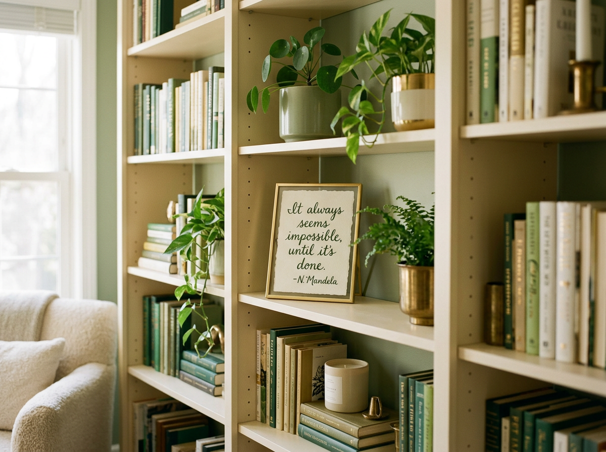 Cream-colored bookshelf filled with books, plants, and a framed quote saying, 'It always seems impossible until it's done,' attributed to N. Mandela, in a cozy living room with natural light.