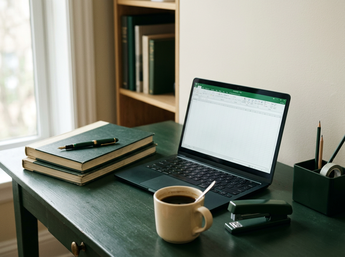 A desk with a laptop displaying an Excel spreadsheet, three closed notebooks, a pen, a cup of coffee, and office supplies including pencils and tape in a holder.