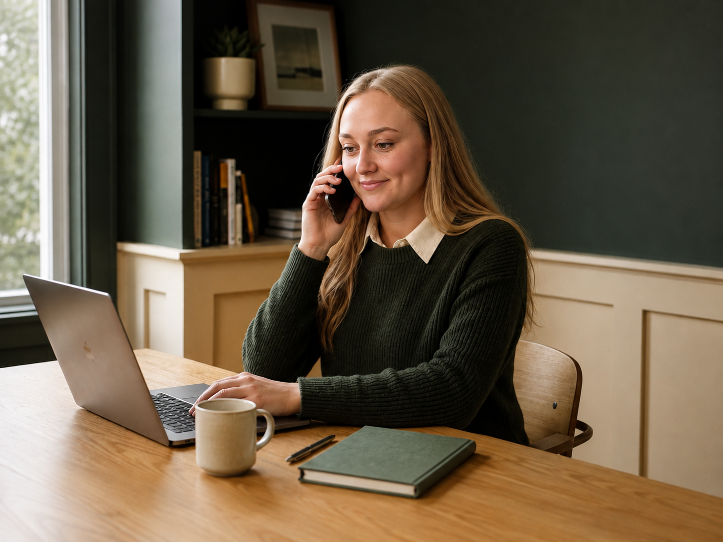 A woman sitting at a wooden desk, talking on her cellphone, using a laptop, with a notebook and pen in front of her, near a window in a home office or study.