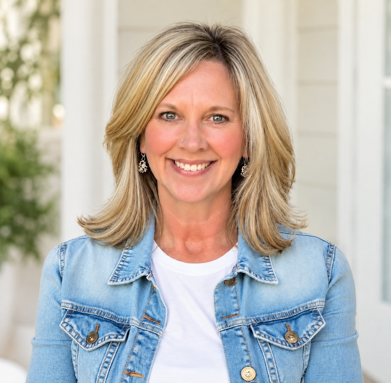 A woman with shoulder-length blonde hair smiling outdoors, wearing a denim jacket and earrings.