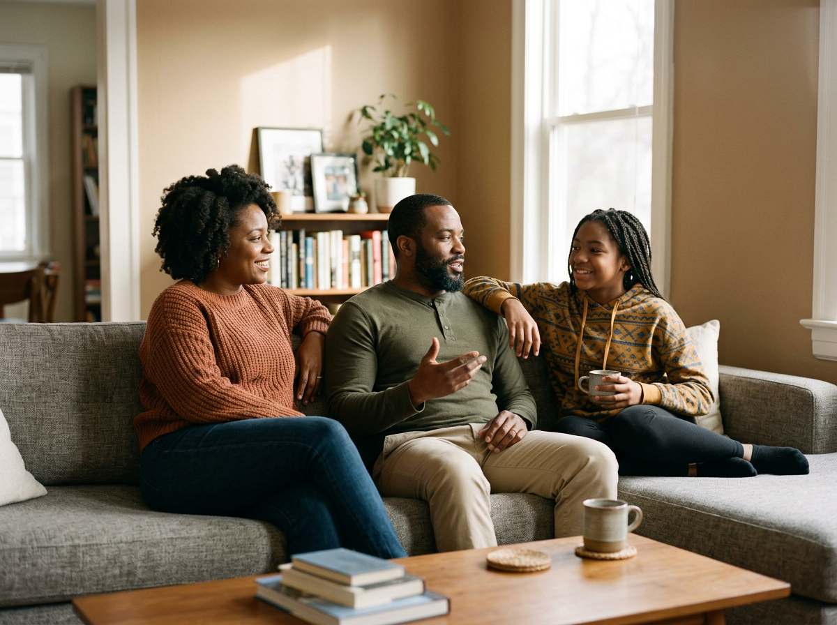 A family of three sitting on a couch and talking in their living room with natural light, bookshelf, and framed pictures in the background.